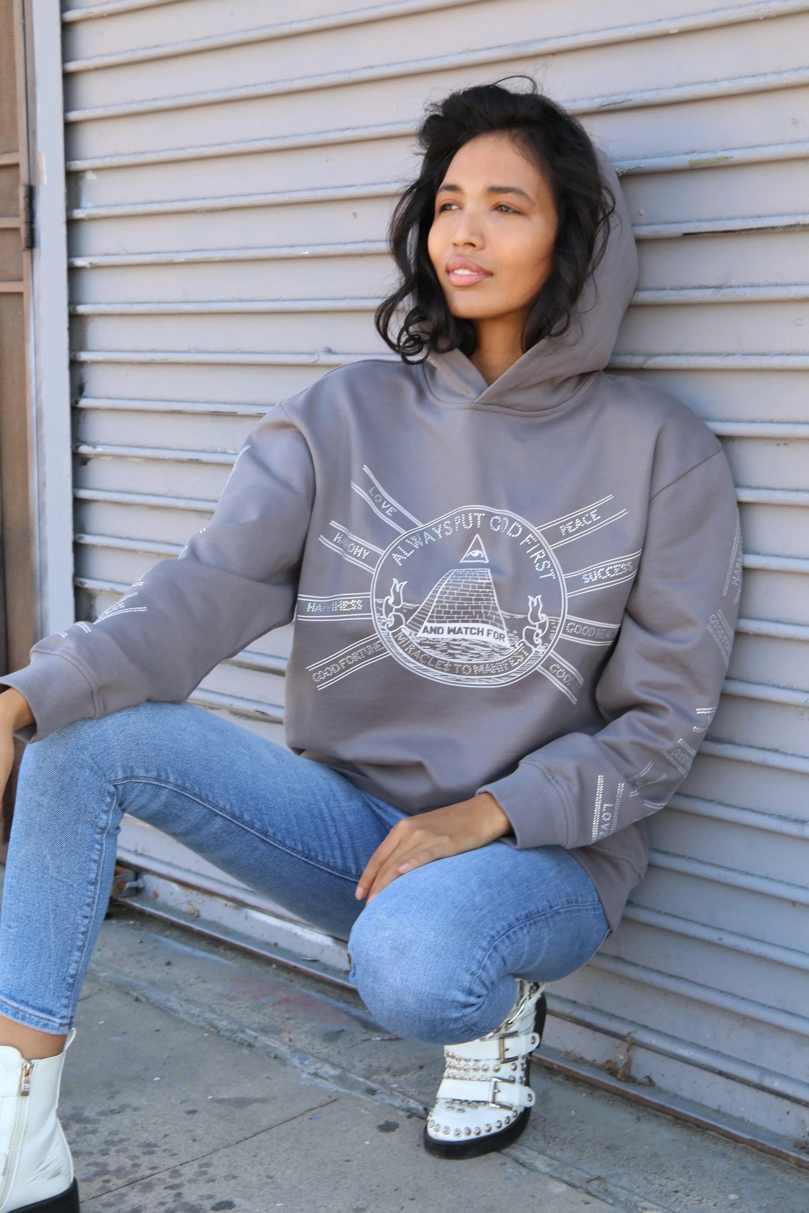 God First Affirmation Hoodie With Rhinestone Design - Truly Taupe