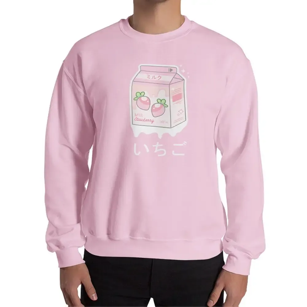 Kawaii Strawberry Milk Pink Sweatshirt with Air-Jet Spun Yarn Classic Fit