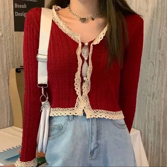 Lace cardigan thin sweater cropped style button red beige cream long sleeve knit
