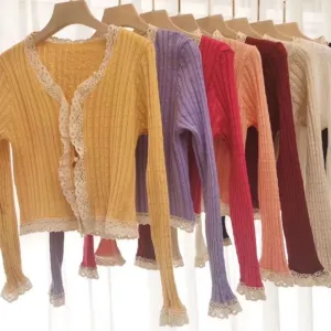 Lace cardigan thin sweater cropped style button red beige cream long sleeve knit