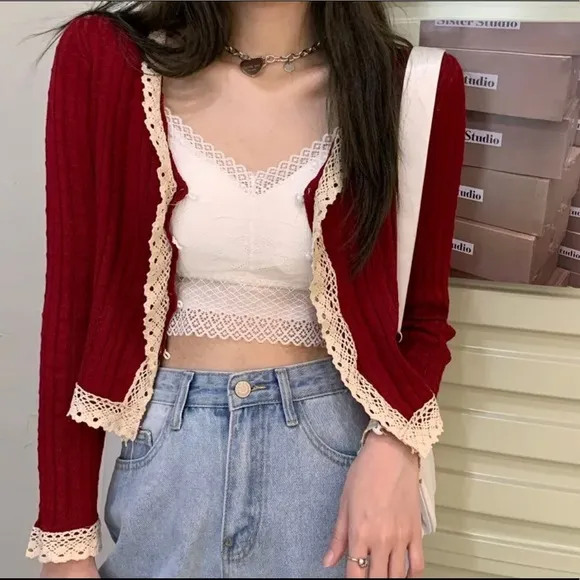 Lace cardigan thin sweater cropped style button red beige cream long sleeve knit