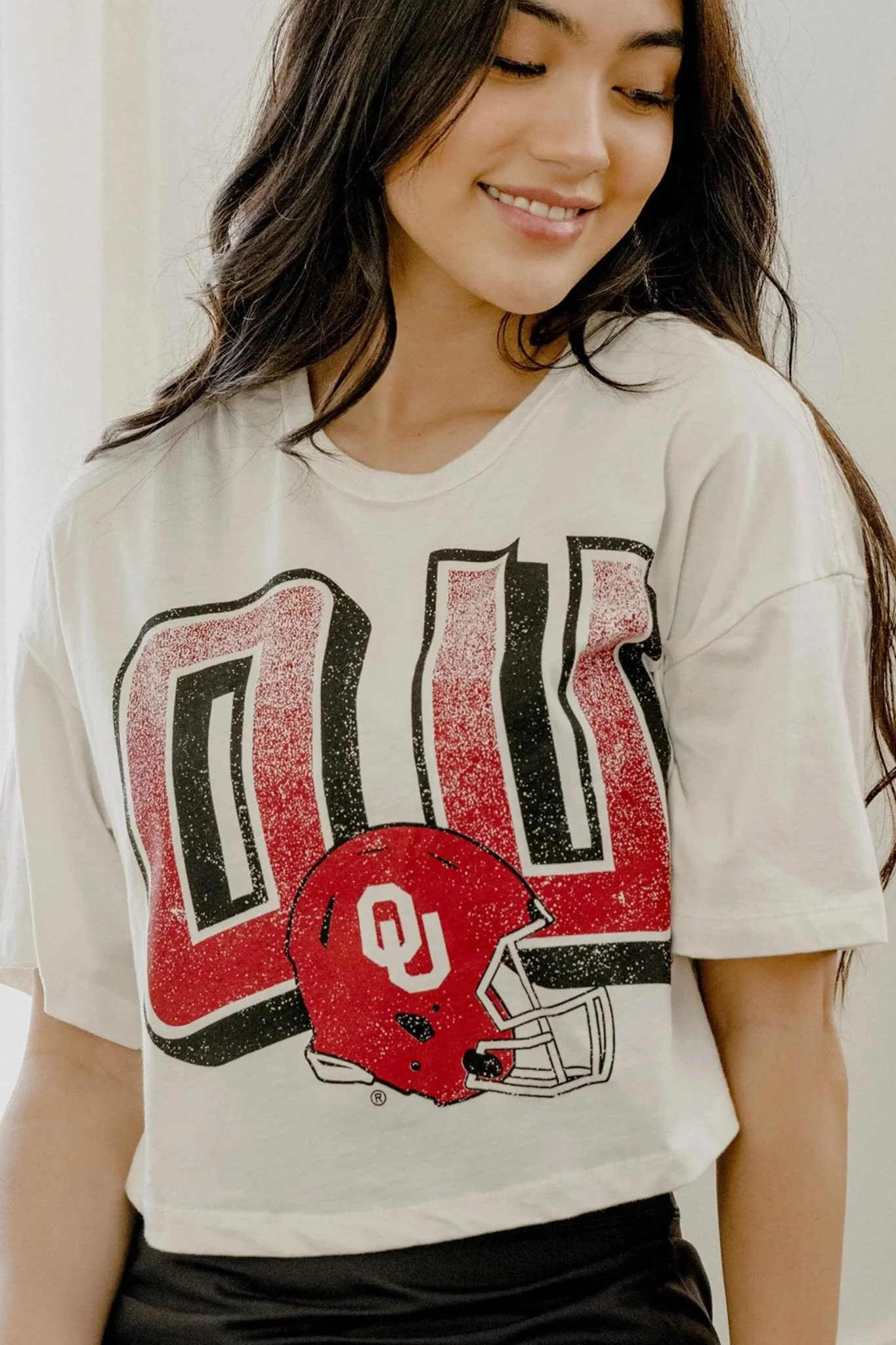 Livy Lu: Sooners Helmet Fade Cropped Tee in Off White