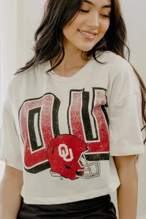 Livy Lu: Sooners Helmet Fade Cropped Tee in Off White