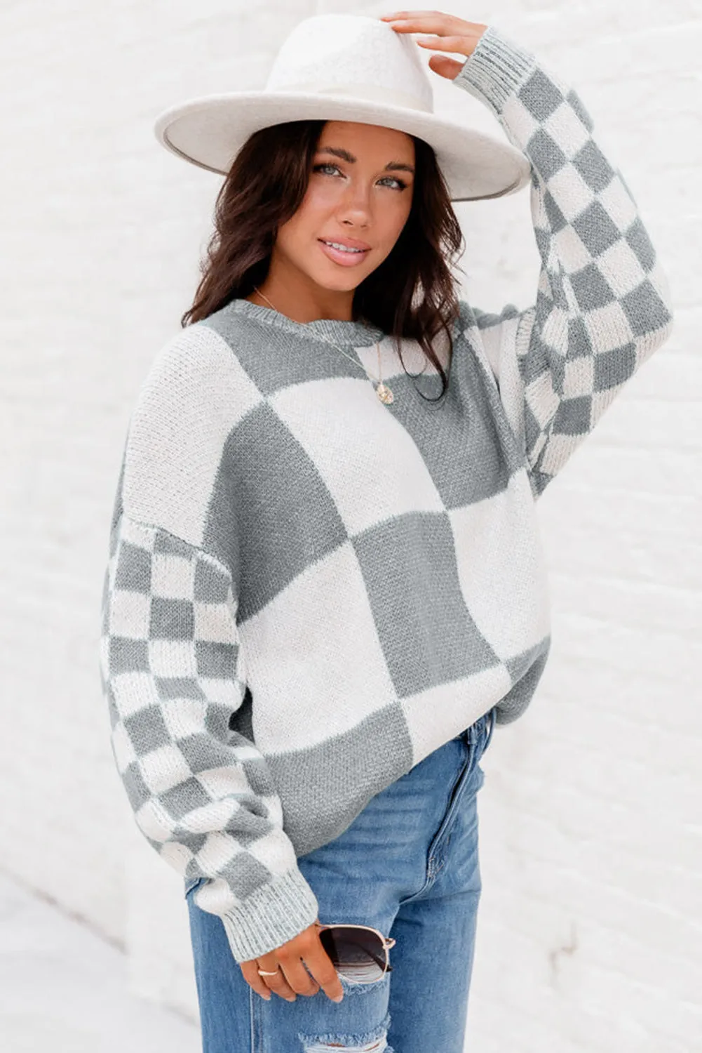 Medium Grey Plaid Knitted Round Neck Drop Shoulder Sweatshirt