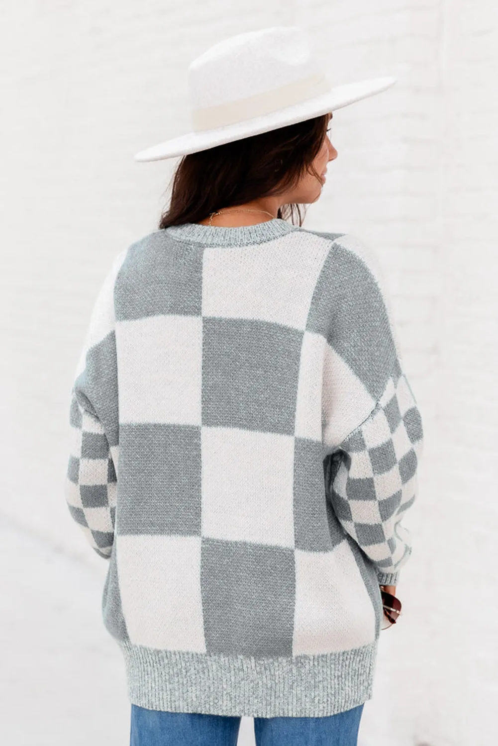 Medium Grey Plaid Knitted Round Neck Drop Shoulder Sweatshirt