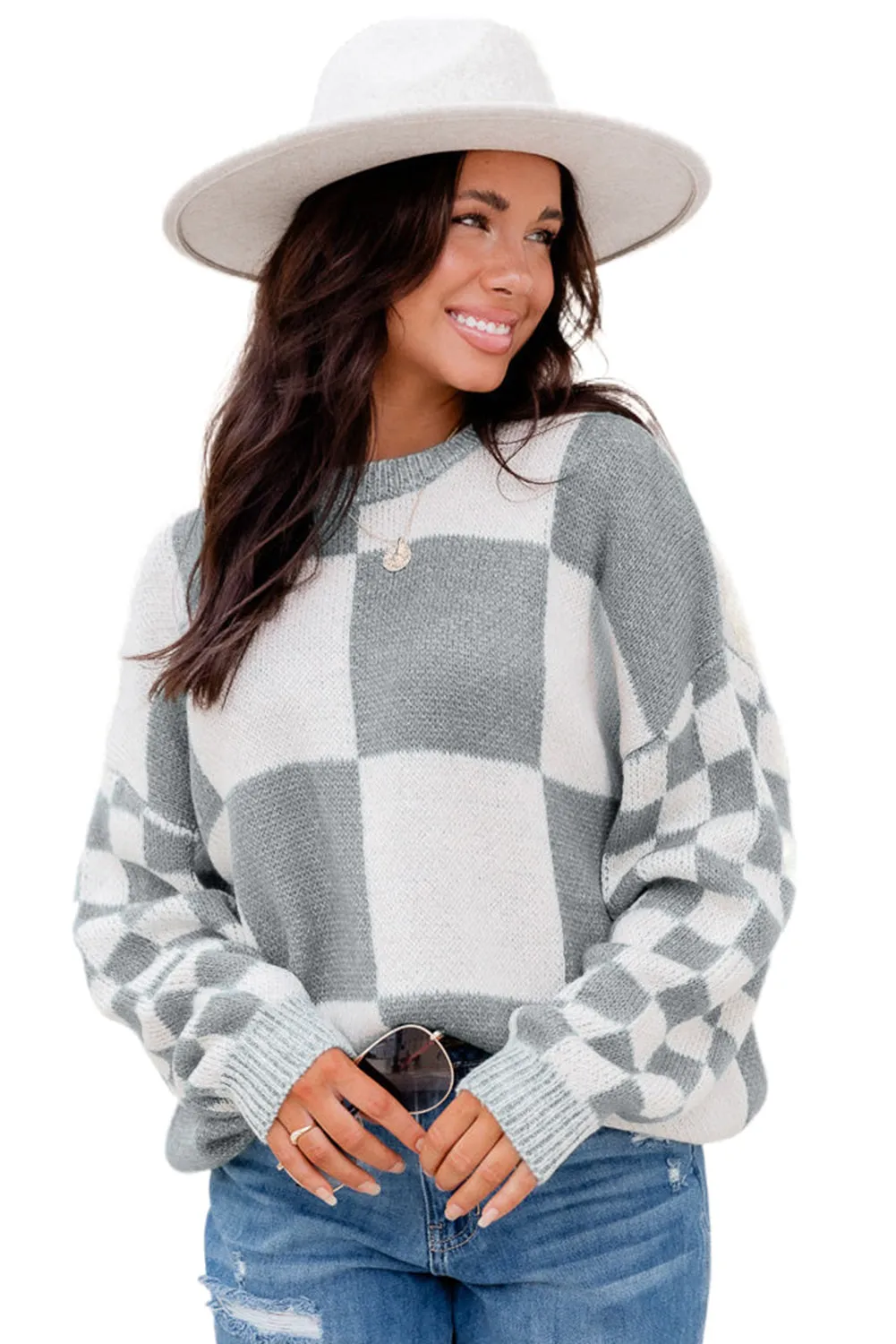 Medium Grey Plaid Knitted Round Neck Drop Shoulder Sweatshirt