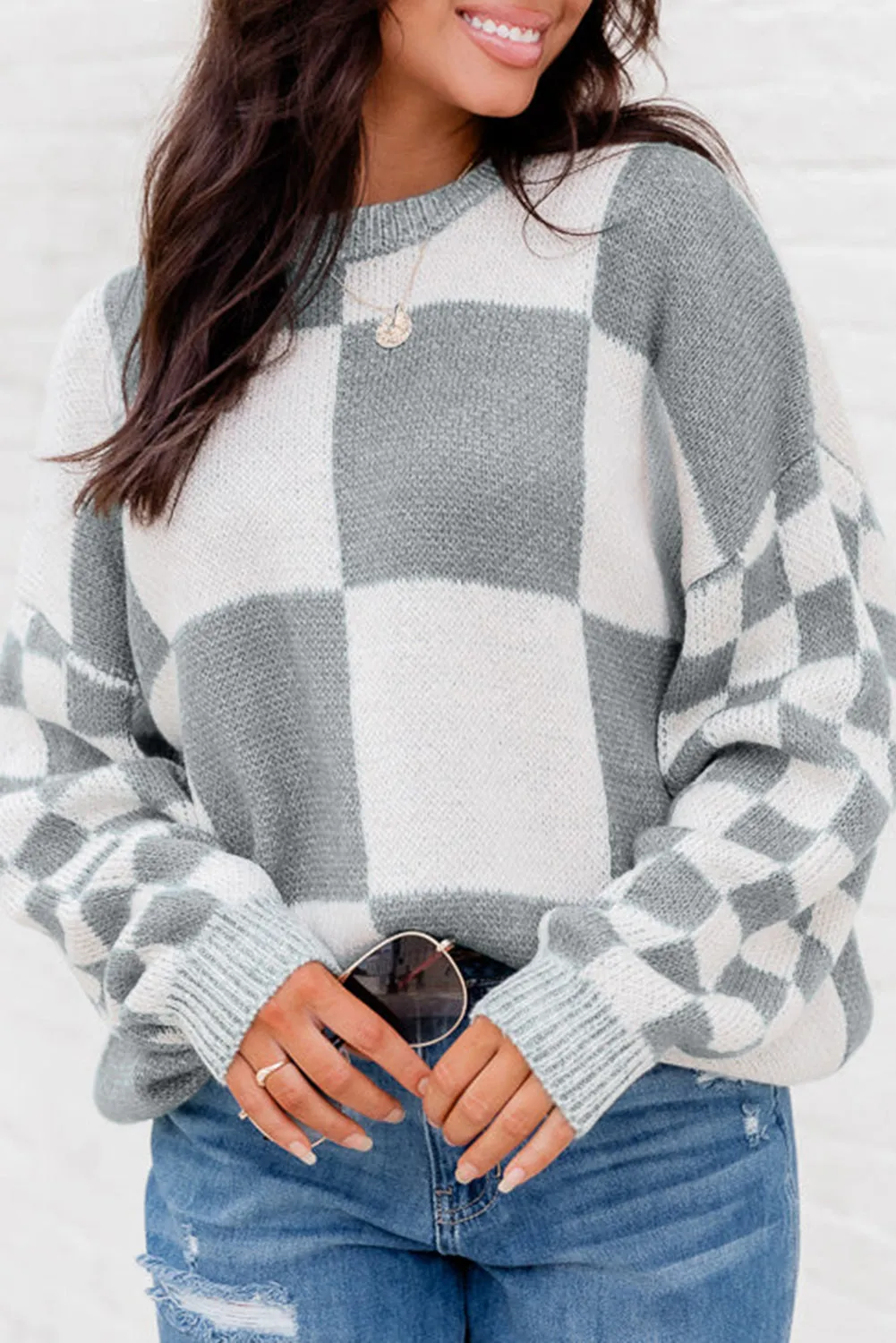 Medium Grey Plaid Knitted Round Neck Drop Shoulder Sweatshirt