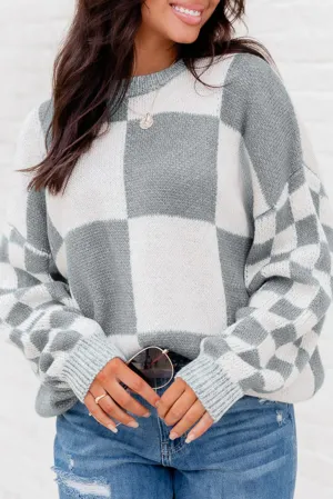Medium Grey Plaid Knitted Round Neck Drop Shoulder Sweatshirt