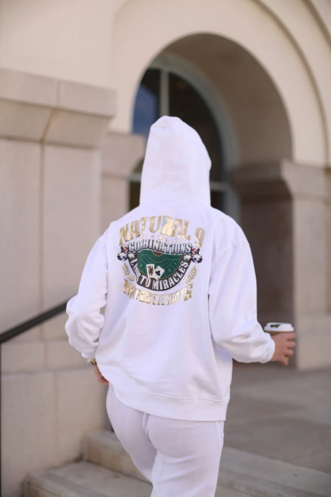 ‘Natural 9 Combinations’ Casino Embroidered Affirmation  Hoodie - White