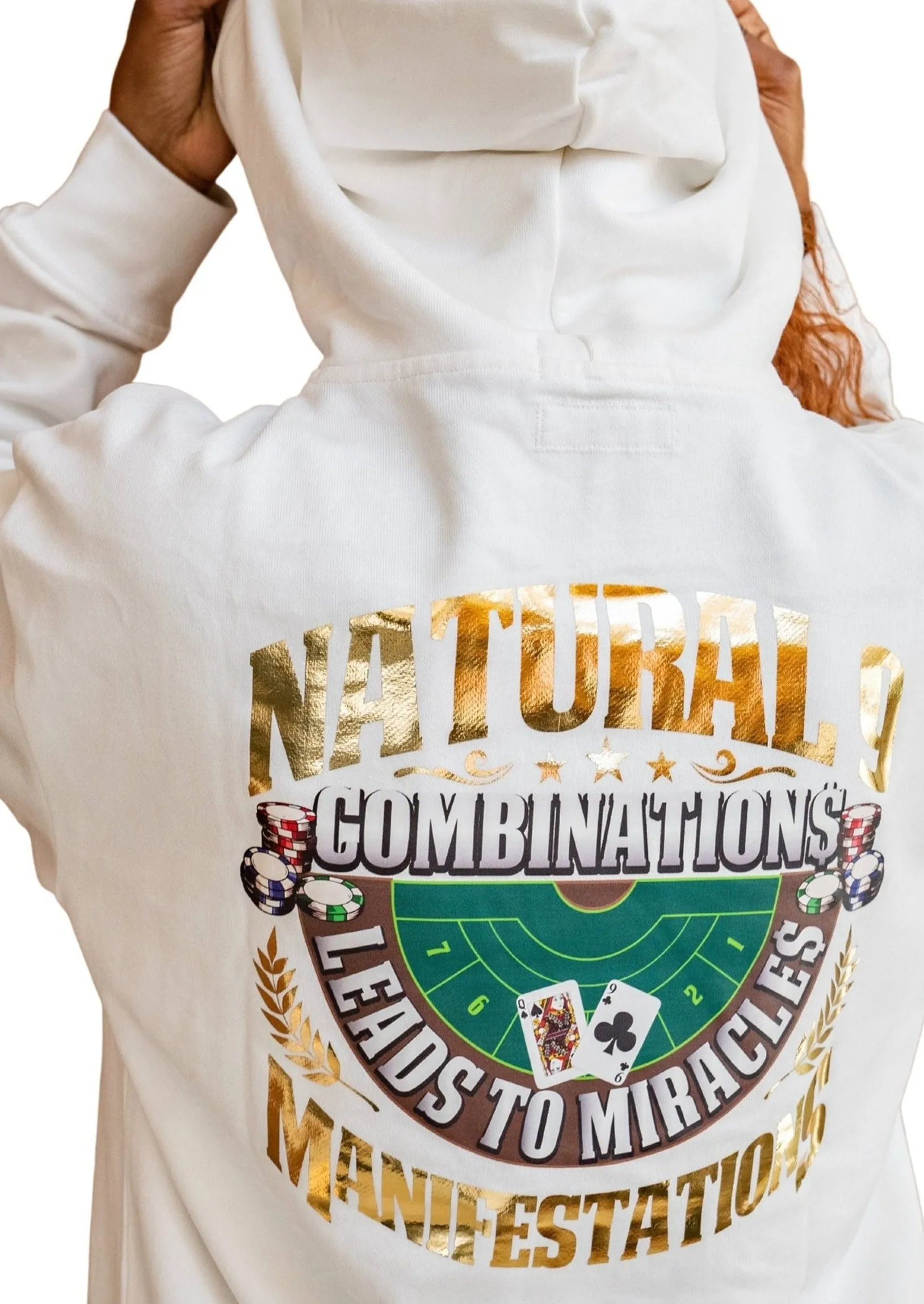 ‘Natural 9 Combinations’ Casino Embroidered Affirmation  Hoodie - White