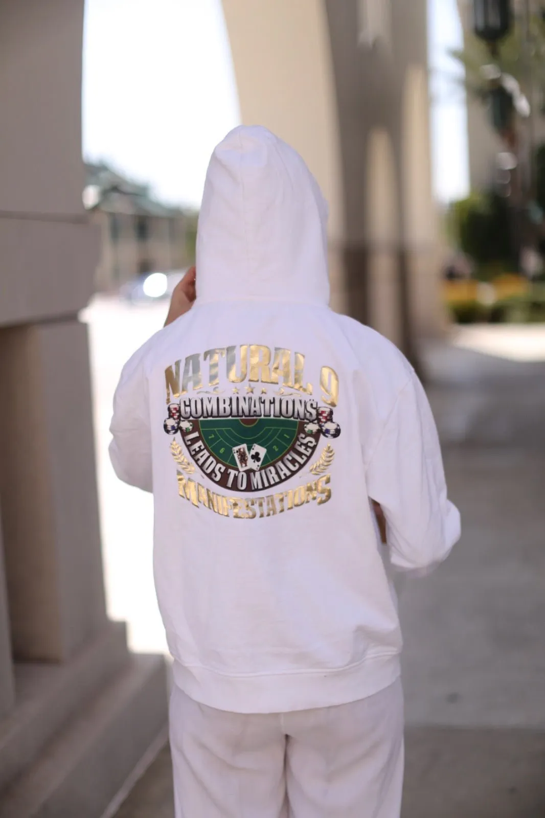 ‘Natural 9 Combinations’ Casino Embroidered Affirmation  Hoodie - White