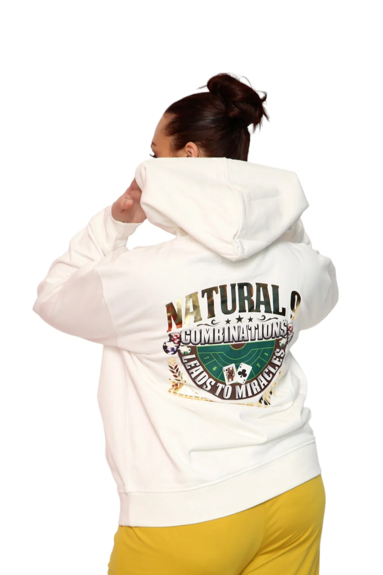 ‘Natural 9 Combinations’ Casino Embroidered Affirmation  Hoodie - White