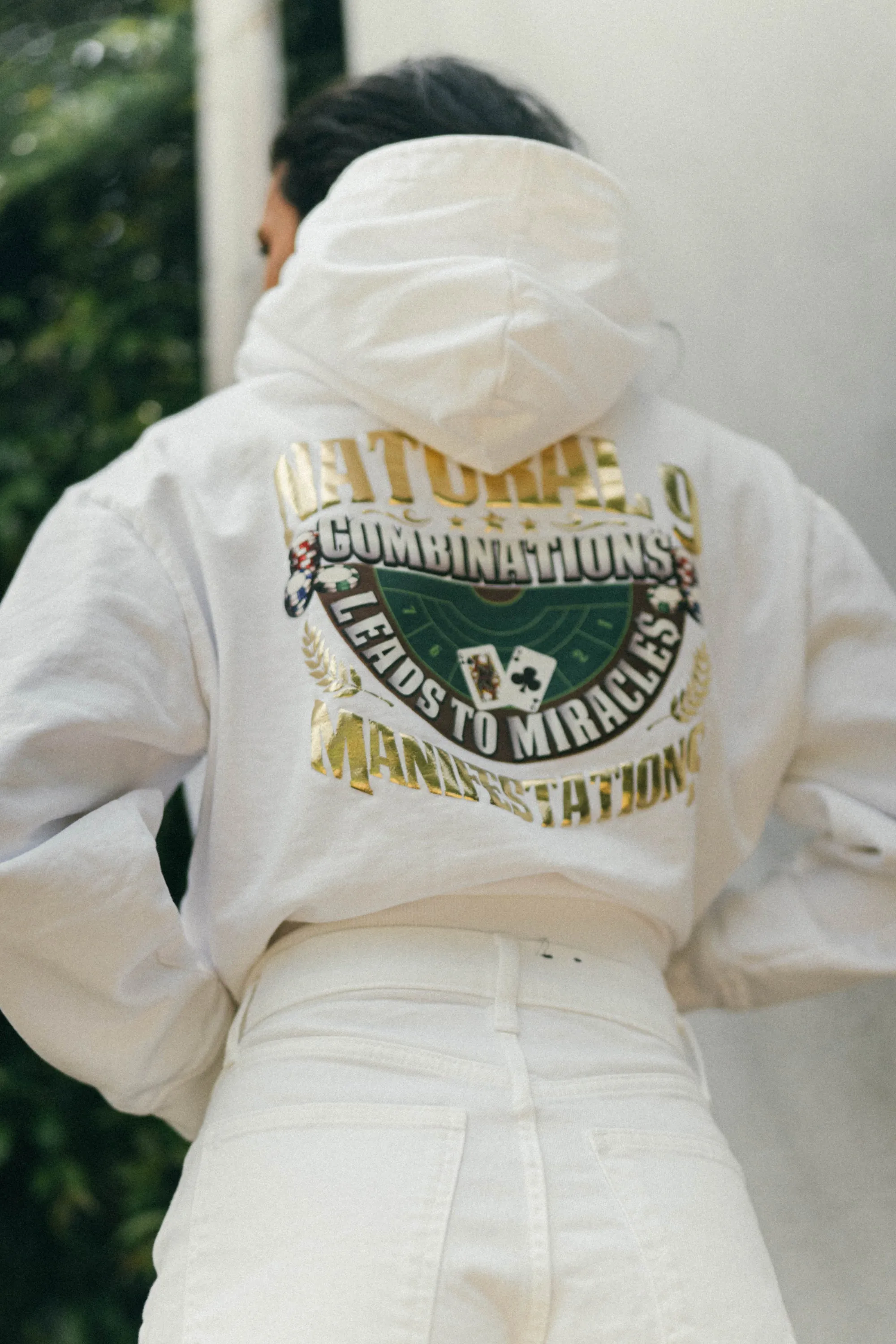 ‘Natural 9 Combinations’ Casino Embroidered Affirmation  Hoodie - White