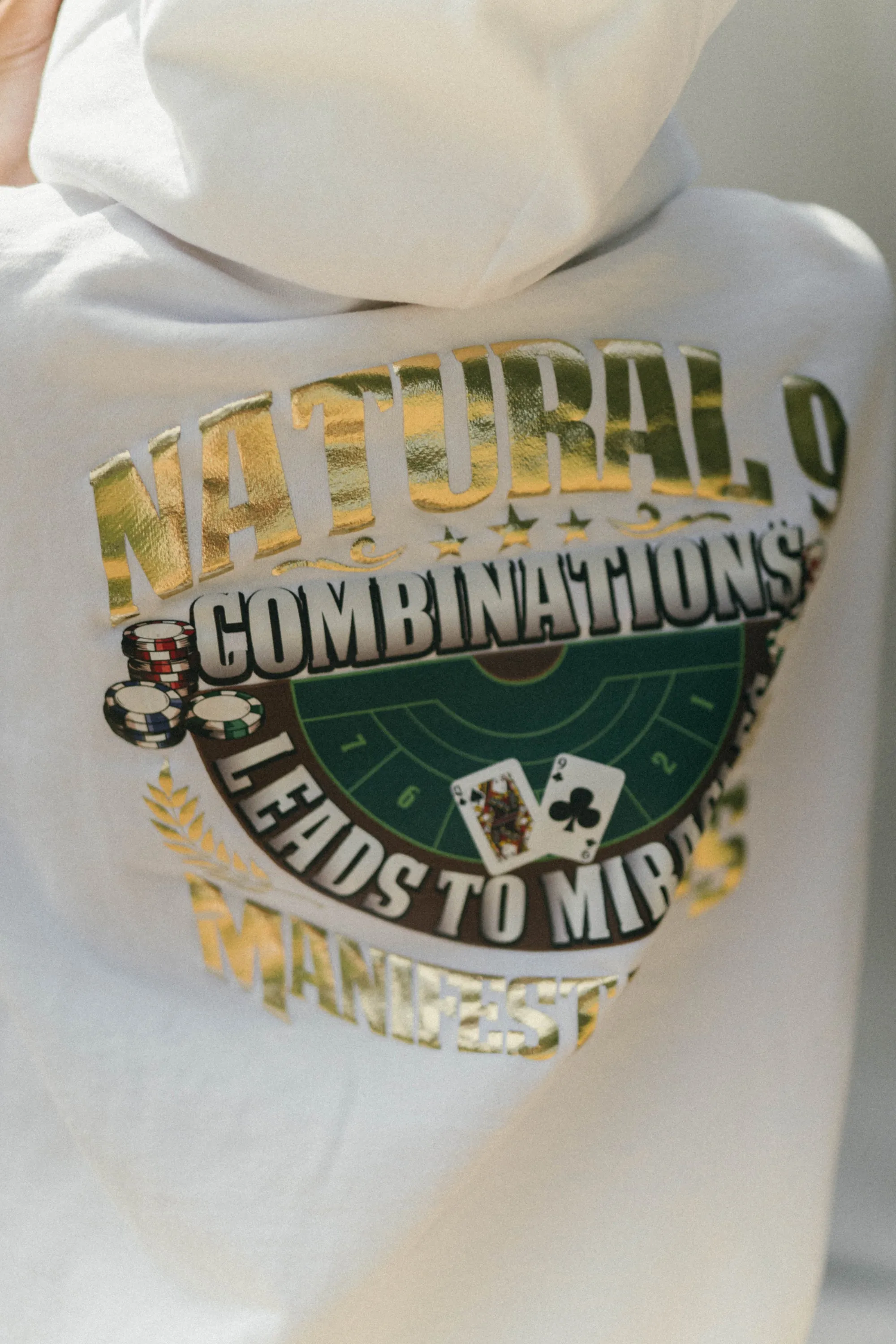 ‘Natural 9 Combinations’ Casino Embroidered Affirmation  Hoodie - White