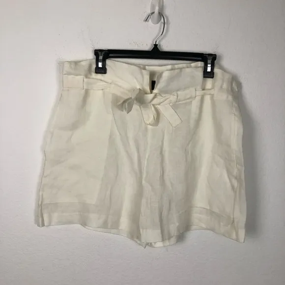 Nili Lotan Mora Linen Tailored Shorts Ivory Tie Waist Belted Paperbag Size Small