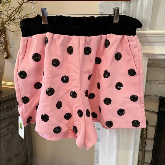 NWT Queen Of Sparkles Pink &amp; Black Sequin Polka Dot Shorts Large L $120