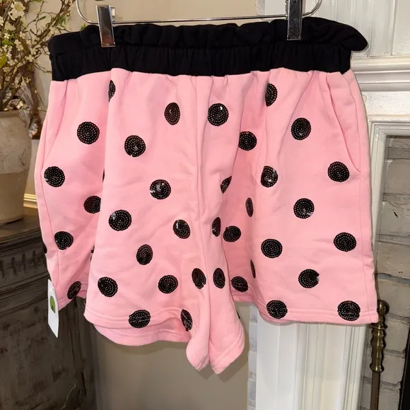 NWT Queen Of Sparkles Pink &amp; Black Sequin Polka Dot Shorts Large L $120