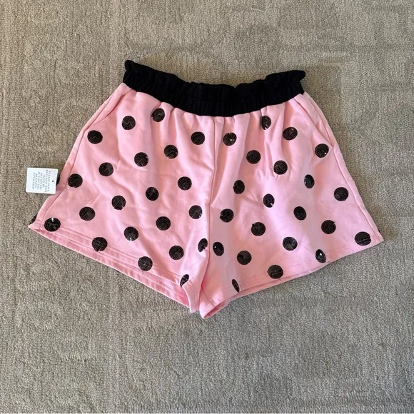 NWT Queen Of Sparkles Pink &amp; Black Sequin Polka Dot Shorts Large L $120