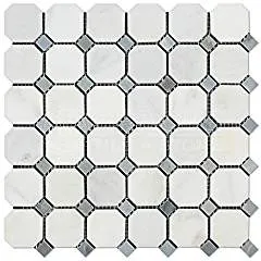 Oriental White (Eastern White) Marble Octagon Mosaic Tile (Polished, Blue Dots)