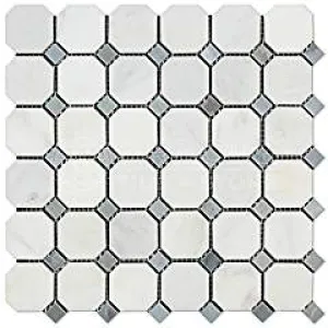 Oriental White (Eastern White) Marble Octagon Mosaic Tile (Polished, Blue Dots)
