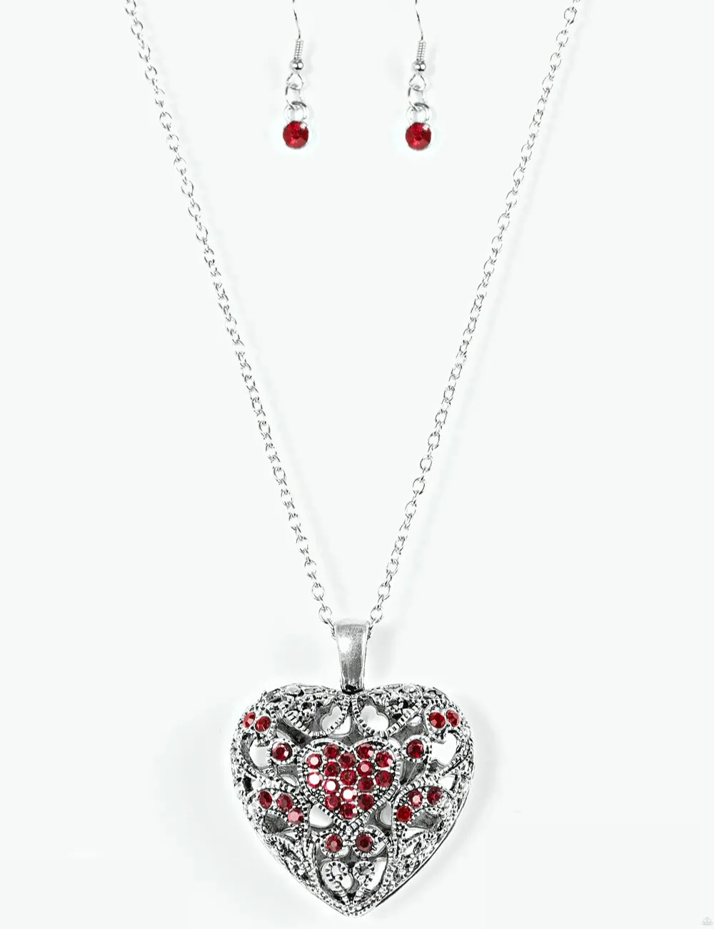 Paparazzi Exclusive "Heartless Heiress" Silver Metal Red Puffy Filigree Heart Necklace Set