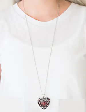 Paparazzi Exclusive "Heartless Heiress" Silver Metal Red Puffy Filigree Heart Necklace Set
