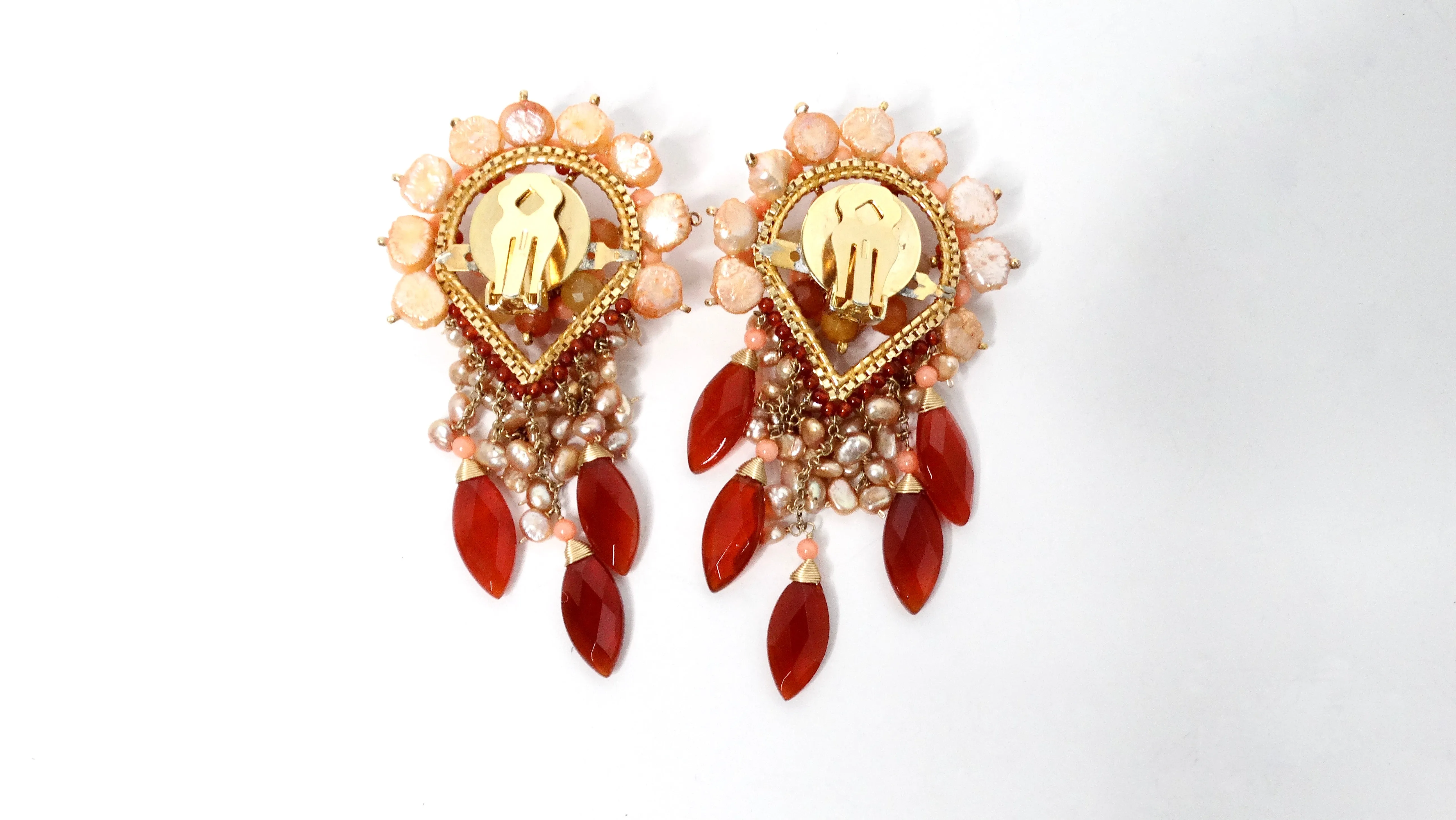 Pearly Intricate Beaded Pink & Orange Dangle Clip-On Statement Earrings