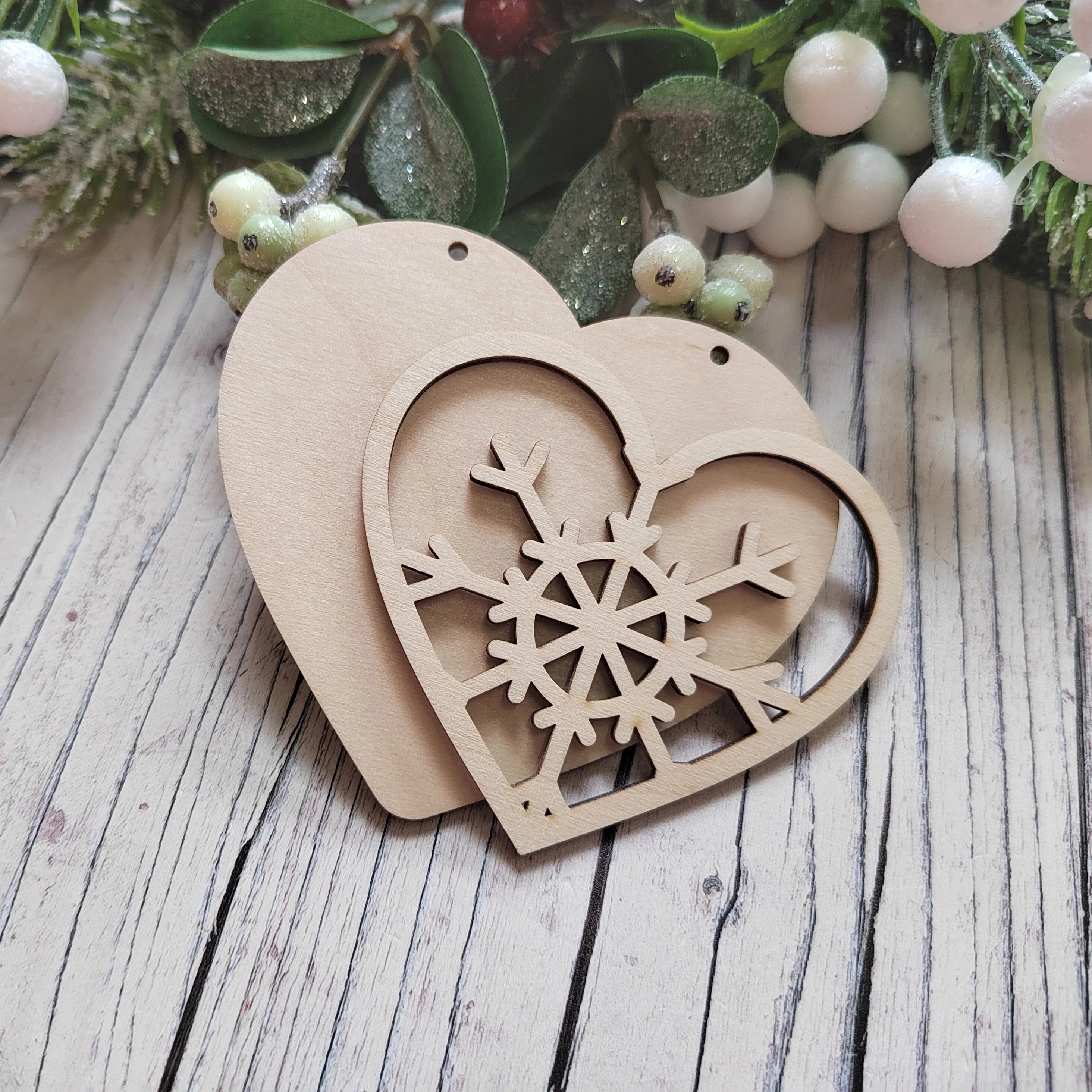 Plywood Layered Heart Snowflake Bauble
