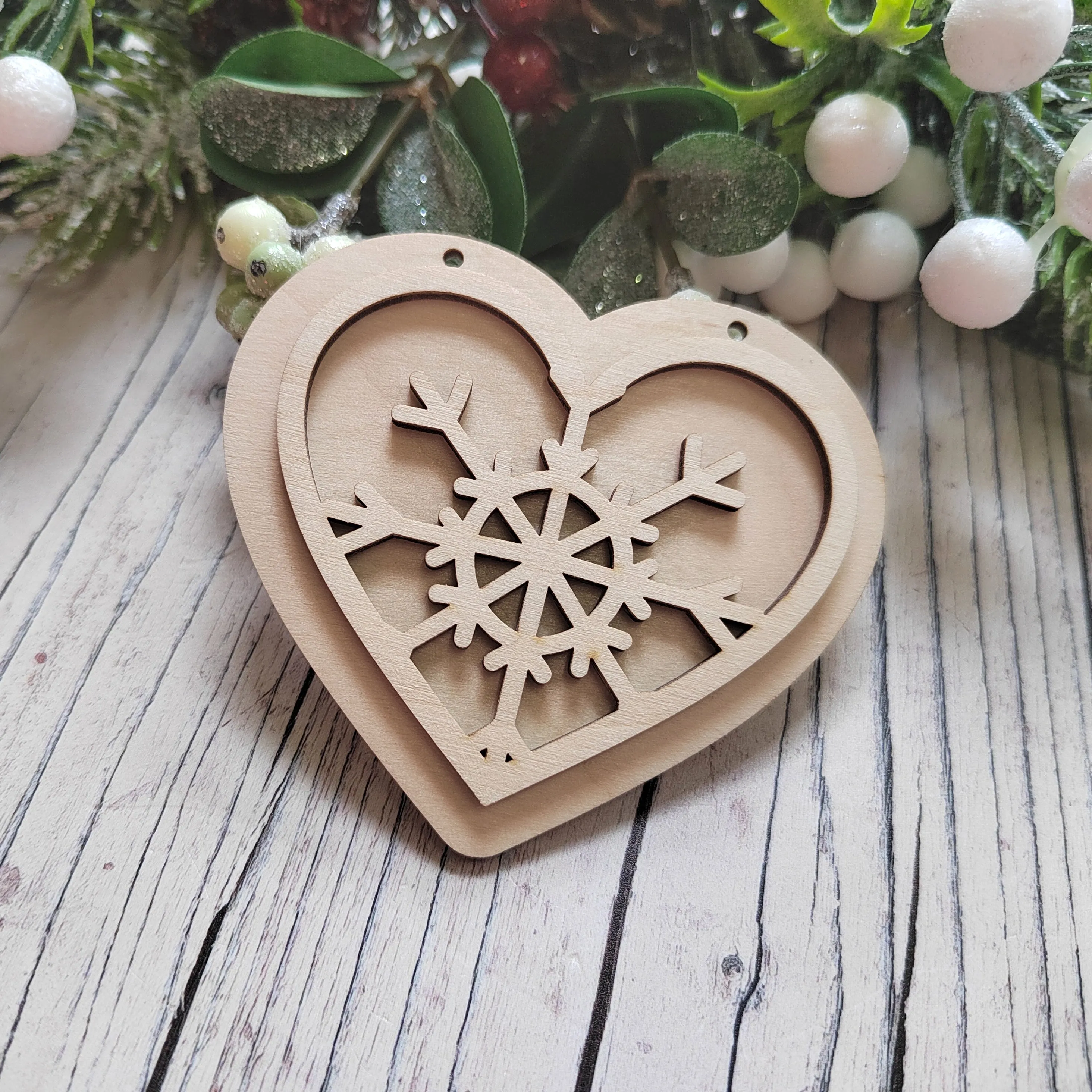 Plywood Layered Heart Snowflake Bauble