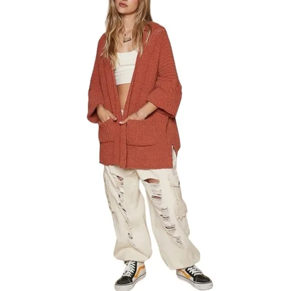 POL Brick Oversized Cropped Sleeve Pockets Solid Sweater Cardigan Size Small