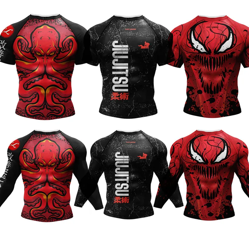 Premium Jiu Jitsu Rash Guard Set – 4-Piece MMA Sportswear Kit for Men, Includes Kimono T-shirt, Pants, Muay Thai Shorts, and BJJ Compression Gear for Gym, Boxing, and Training