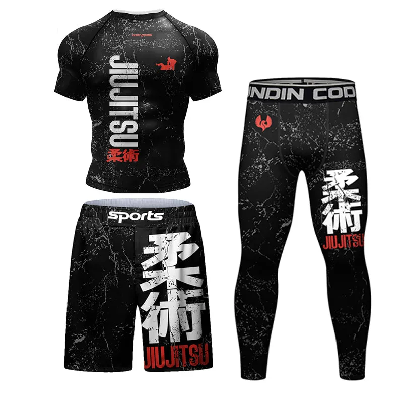 Premium Jiu Jitsu Rash Guard Set – 4-Piece MMA Sportswear Kit for Men, Includes Kimono T-shirt, Pants, Muay Thai Shorts, and BJJ Compression Gear for Gym, Boxing, and Training