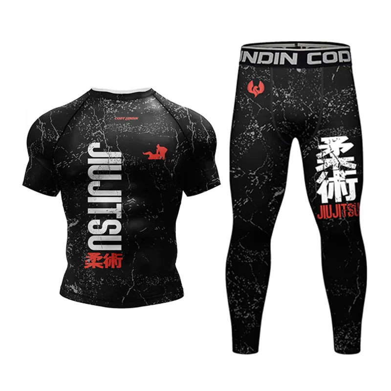 Premium Jiu Jitsu Rash Guard Set – 4-Piece MMA Sportswear Kit for Men, Includes Kimono T-shirt, Pants, Muay Thai Shorts, and BJJ Compression Gear for Gym, Boxing, and Training