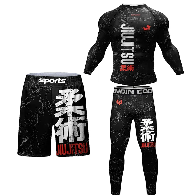 Premium Jiu Jitsu Rash Guard Set – 4-Piece MMA Sportswear Kit for Men, Includes Kimono T-shirt, Pants, Muay Thai Shorts, and BJJ Compression Gear for Gym, Boxing, and Training