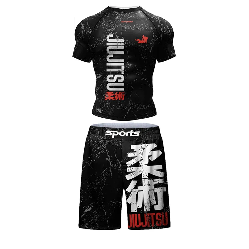 Premium Jiu Jitsu Rash Guard Set – 4-Piece MMA Sportswear Kit for Men, Includes Kimono T-shirt, Pants, Muay Thai Shorts, and BJJ Compression Gear for Gym, Boxing, and Training