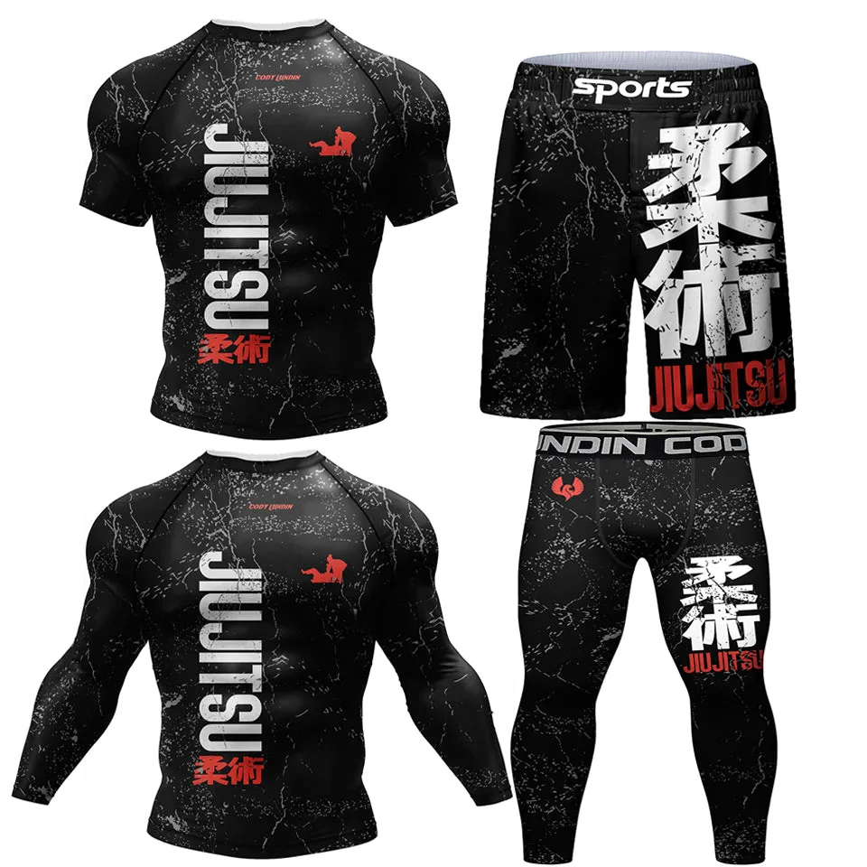 Premium Jiu Jitsu Rash Guard Set – 4-Piece MMA Sportswear Kit for Men, Includes Kimono T-shirt, Pants, Muay Thai Shorts, and BJJ Compression Gear for Gym, Boxing, and Training