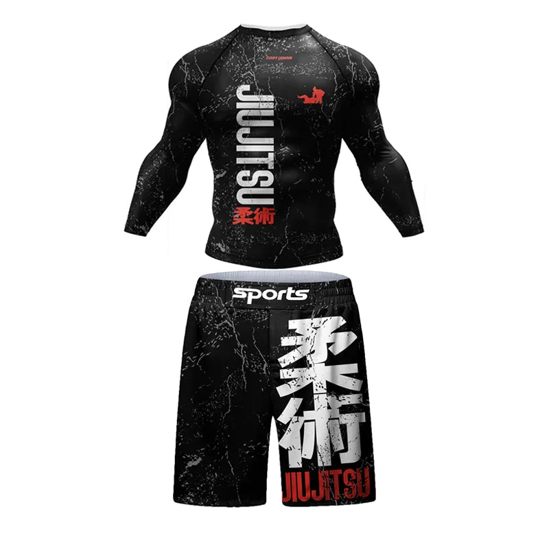 Premium Jiu Jitsu Rash Guard Set – 4-Piece MMA Sportswear Kit for Men, Includes Kimono T-shirt, Pants, Muay Thai Shorts, and BJJ Compression Gear for Gym, Boxing, and Training