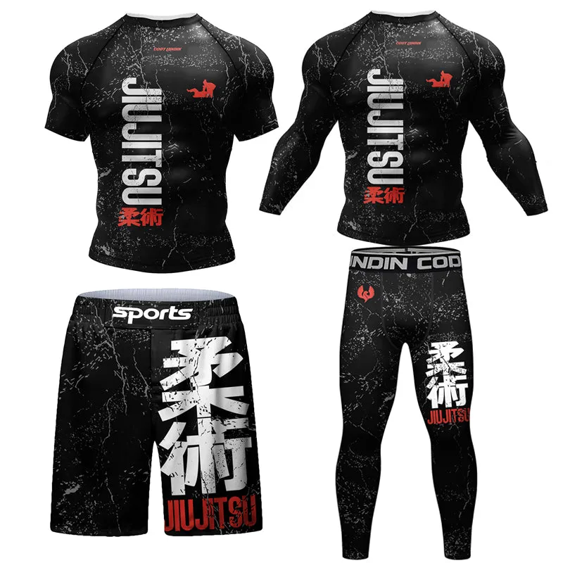 Premium Jiu Jitsu Rash Guard Set – 4-Piece MMA Sportswear Kit for Men, Includes Kimono T-shirt, Pants, Muay Thai Shorts, and BJJ Compression Gear for Gym, Boxing, and Training