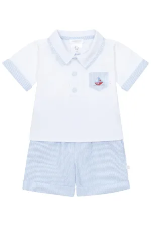 PREORDER "Finn" Blue Striped Sailboat Polo Shirt & Shorts