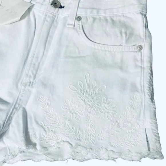 RAG &amp; BONE Justine embroidered hi rise white stretch denim cut off shorts 26 NWT