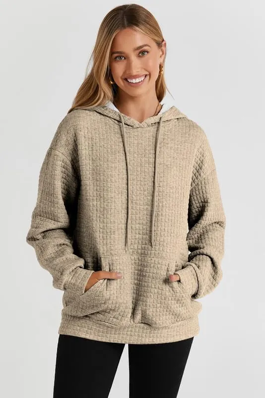 SHEWIN Womens Fall Fashion 2024 Casual Long Sleeve Drawstring Solid Waffle Hoodies Pullover Sweatshirts Loose Fit Fall Sweatshirt for Women
