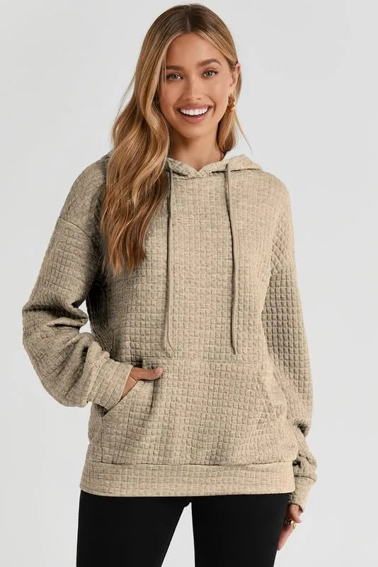 SHEWIN Womens Fall Fashion 2024 Casual Long Sleeve Drawstring Solid Waffle Hoodies Pullover Sweatshirts Loose Fit Fall Sweatshirt for Women