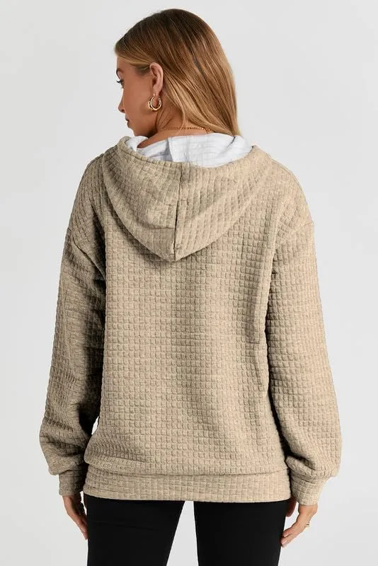 SHEWIN Womens Fall Fashion 2024 Casual Long Sleeve Drawstring Solid Waffle Hoodies Pullover Sweatshirts Loose Fit Fall Sweatshirt for Women