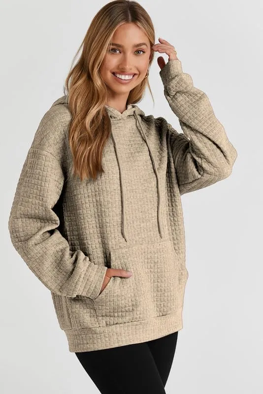 SHEWIN Womens Fall Fashion 2024 Casual Long Sleeve Drawstring Solid Waffle Hoodies Pullover Sweatshirts Loose Fit Fall Sweatshirt for Women