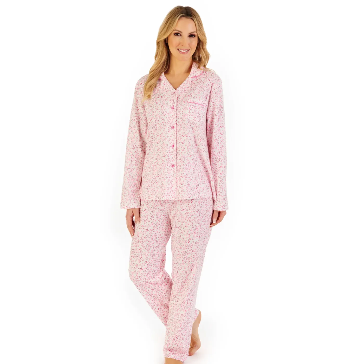 Slenderella Leaf Print Tailored Jersey Pyjama | Pink