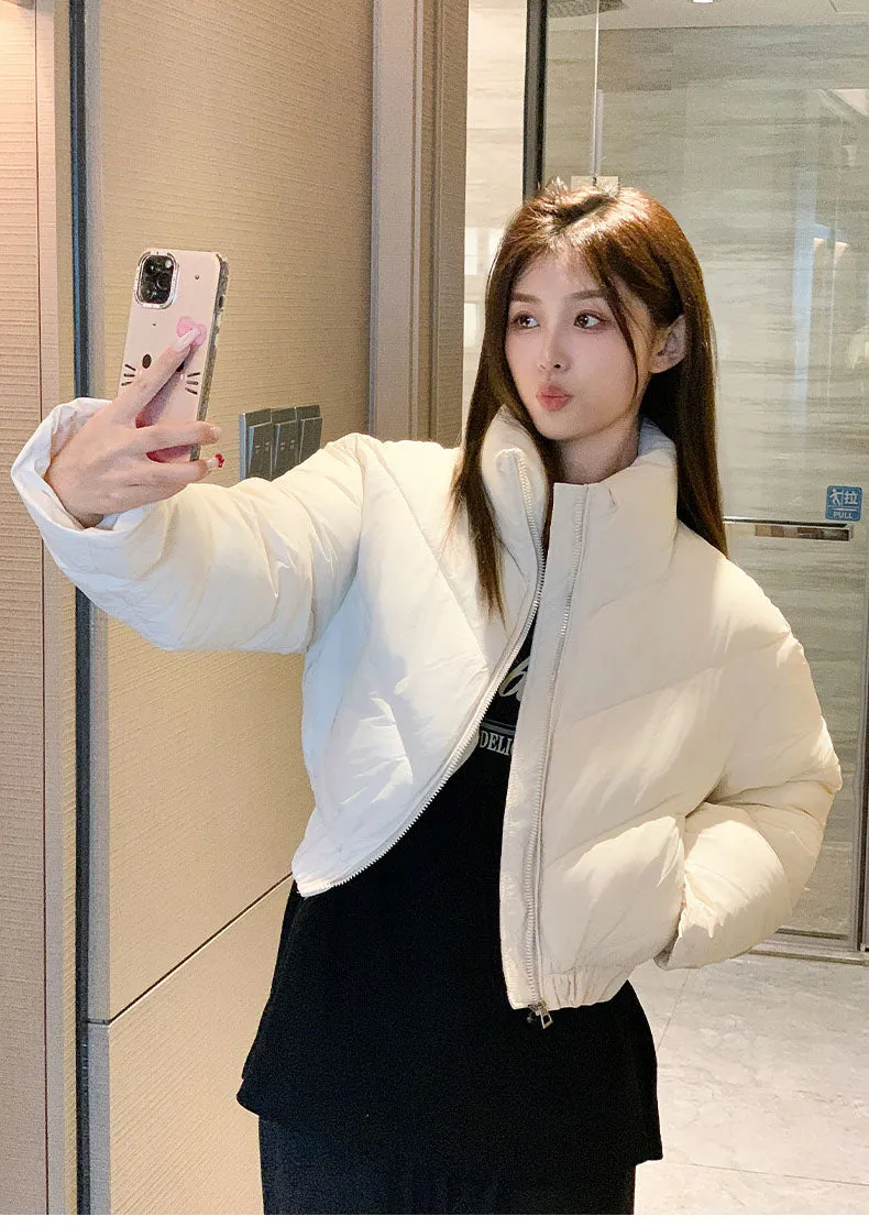 Solid and Stylish Zip-up Raincoat Puffer Jacket