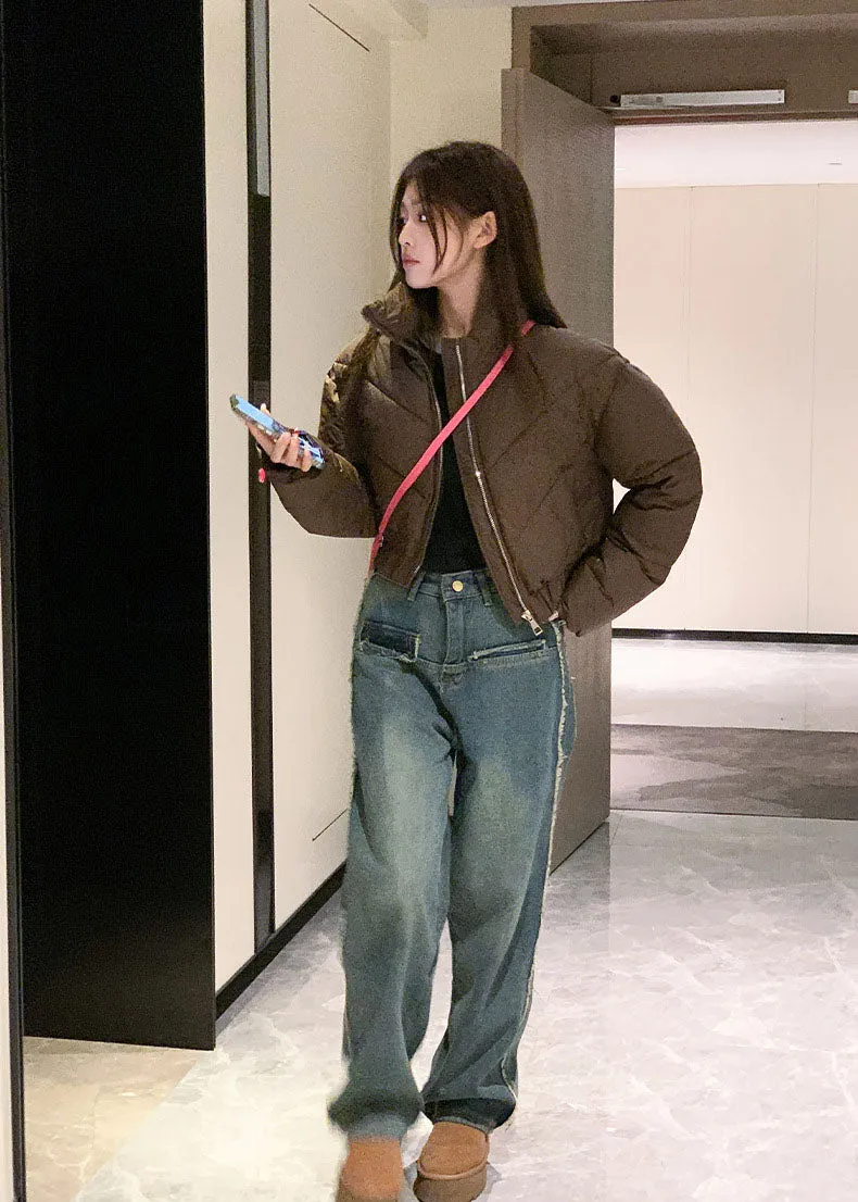 Solid and Stylish Zip-up Raincoat Puffer Jacket