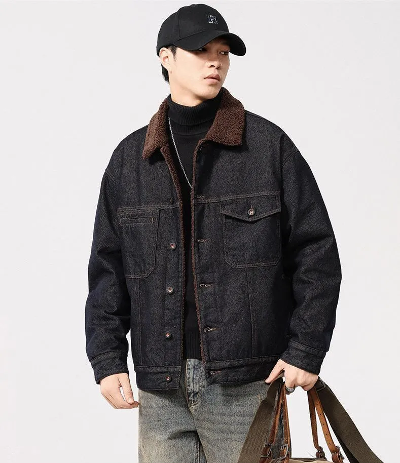 Stylish Faux Fur Collar Trucker Shearling Jacket