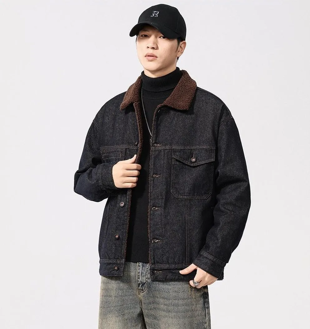 Stylish Faux Fur Collar Trucker Shearling Jacket