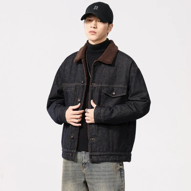 Stylish Faux Fur Collar Trucker Shearling Jacket